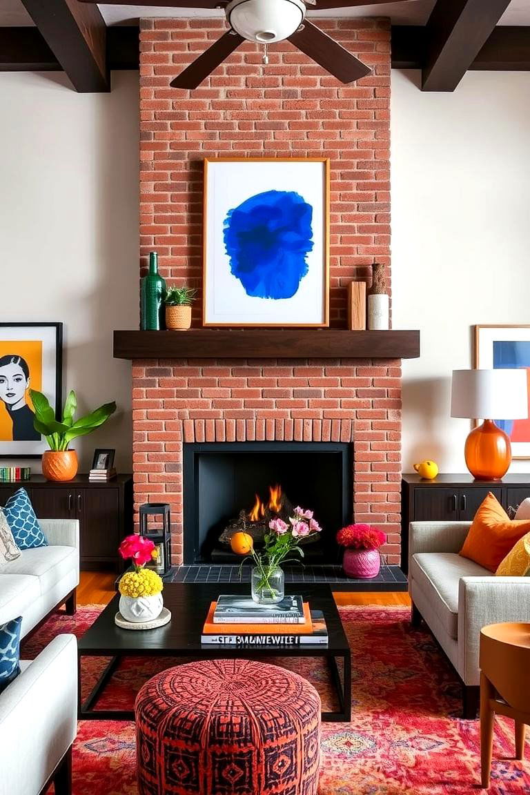 Bold Statement with Dramatic Brick Accents - 24 Rustic Living Room With a Brick Fireplace Ideas