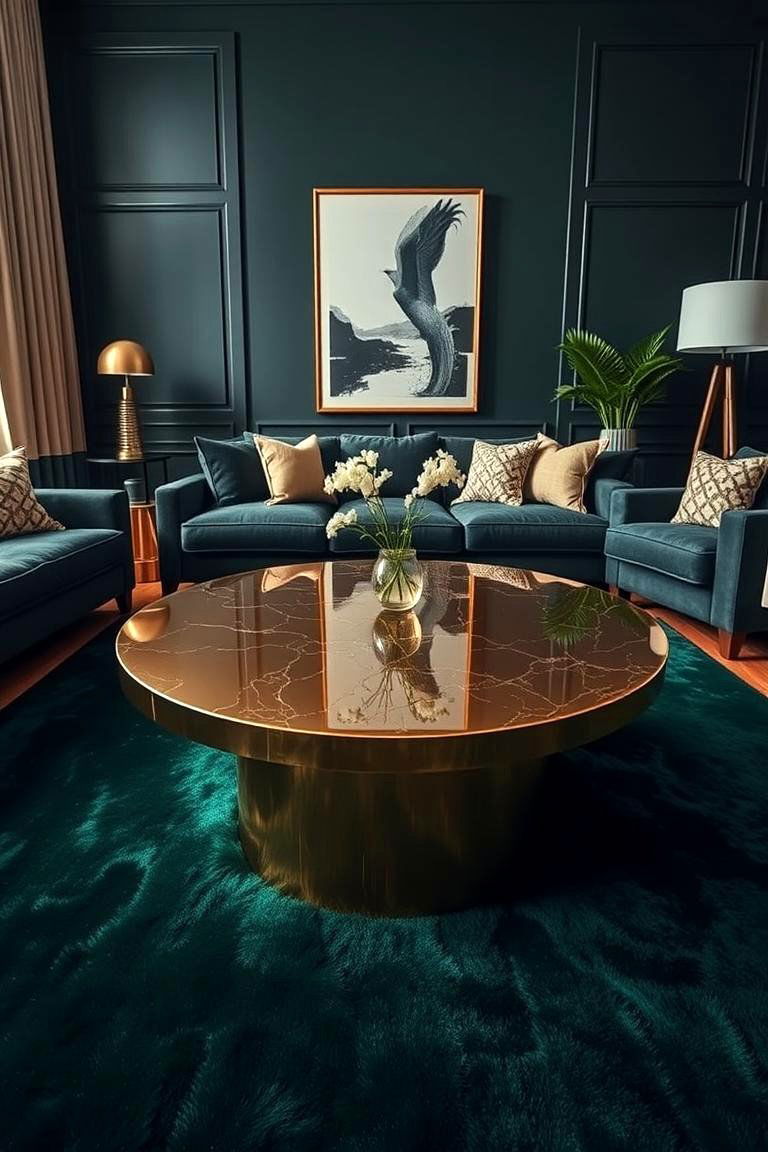 Bold Statement with Gold Coffee Table and Deep Green Rug - 24 Green and Gold Living Room Ideas