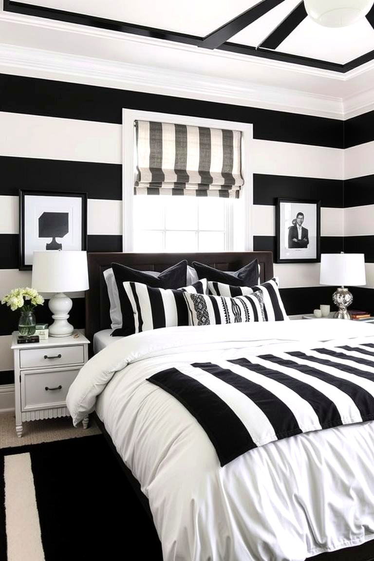 Bold Striped Detailing - 24 Feminine Black and White Bedroom Ideas
