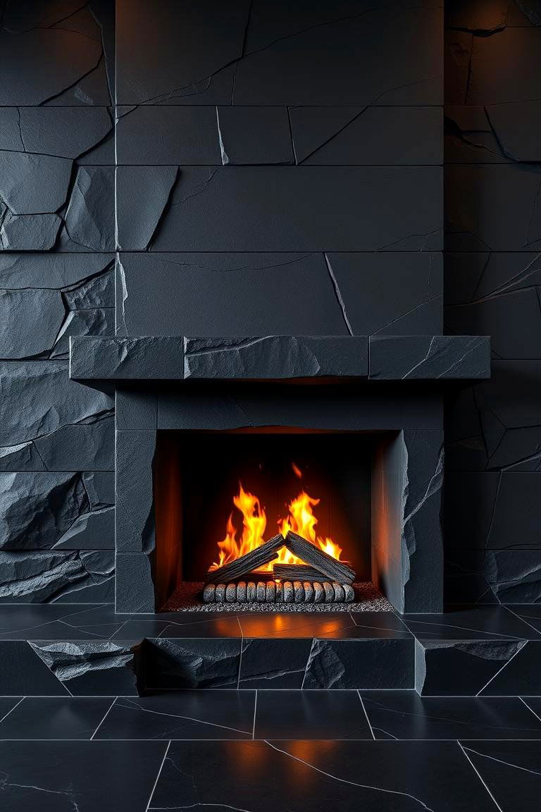 Bold Structural Lines - 24 Black Stone Fireplace Ideas