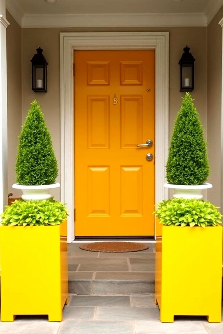 Bold Symmetry with Matching Planters - 24 Mustard Yellow Front Door Ideas