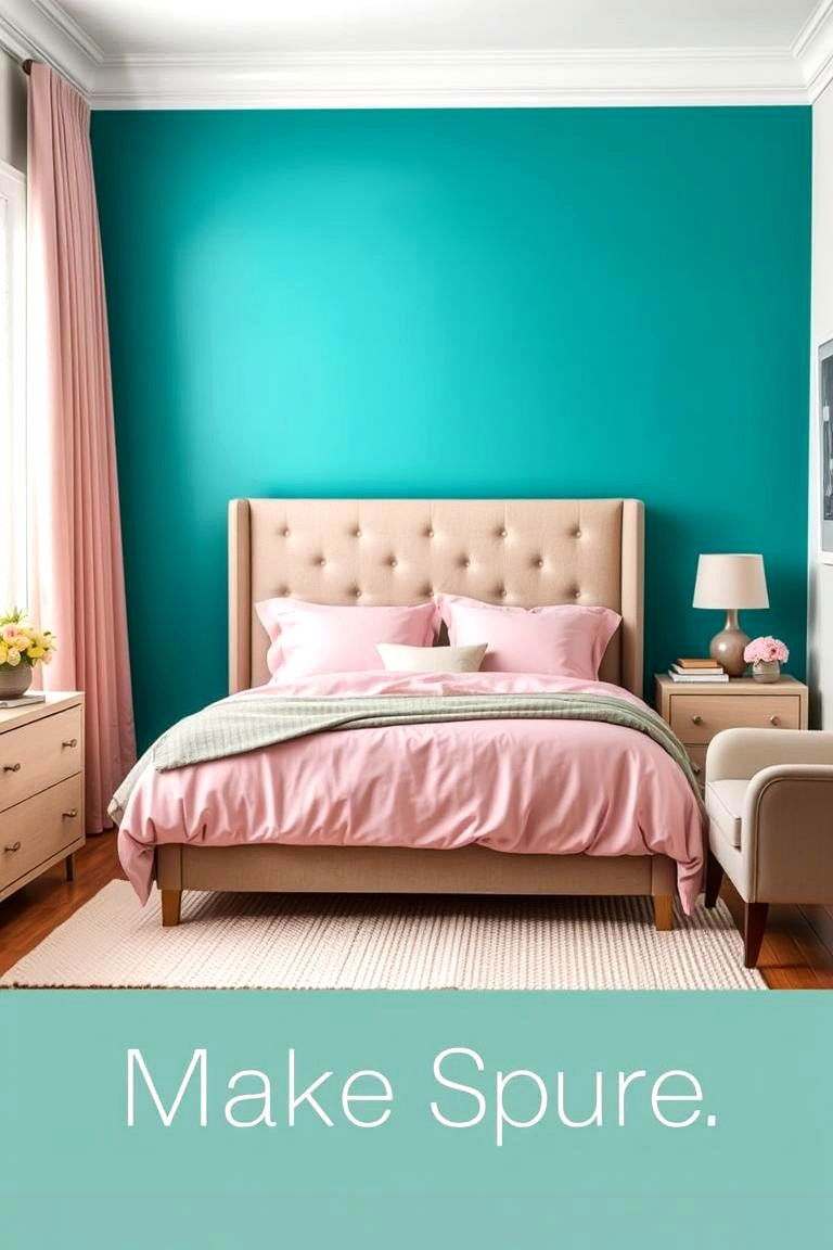 Bold Teal Accent Wall with Soft Pink Bedding - 24 Teal and Pink Bedroom Ideas