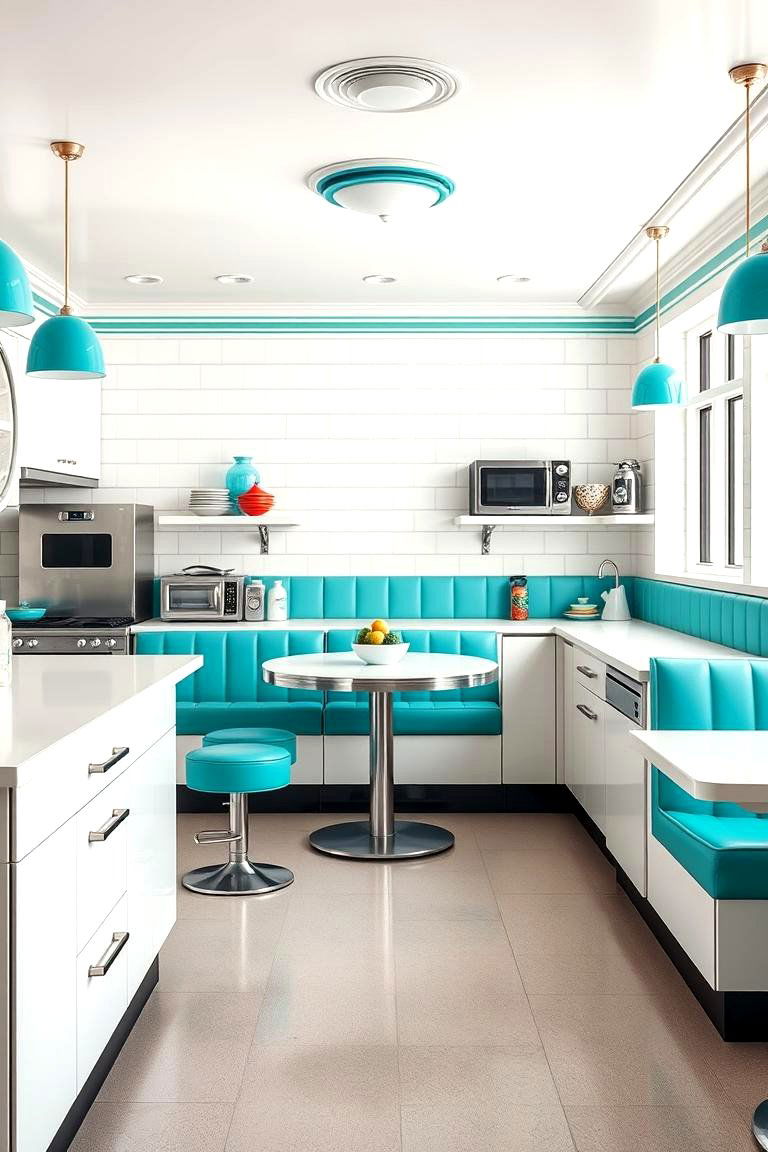 Bold Teal Diner Style Kitchen - 24 Teal and White Kitchen Ideas