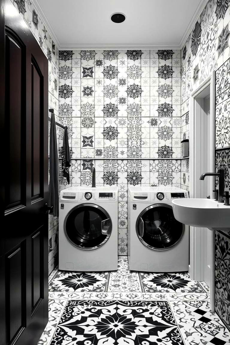 Bold Tile Patterns - 24 Black and White Laundry Room Ideas