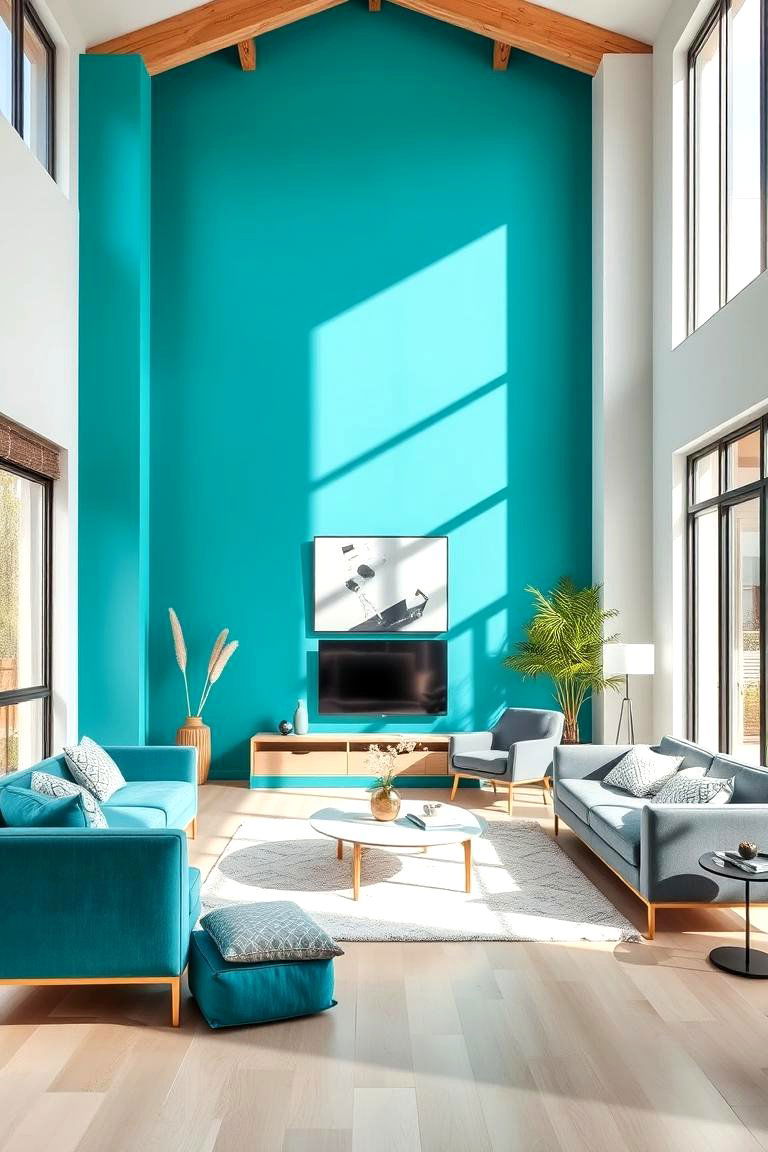 Bold Turquoise Accent Wall - 24 Turquoise Living Room Ideas