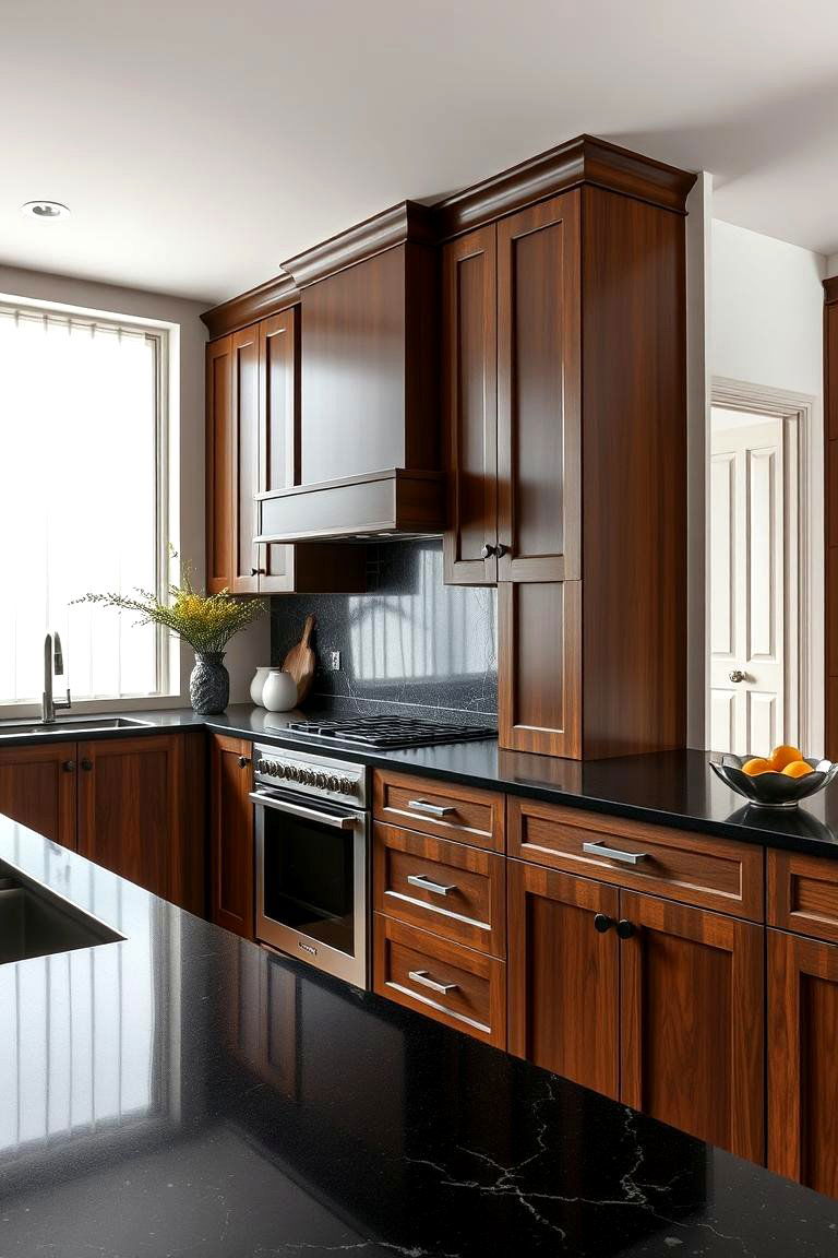 Bold Visual Impact - 24 Brown Kitchen Cabinets With Black Countertops