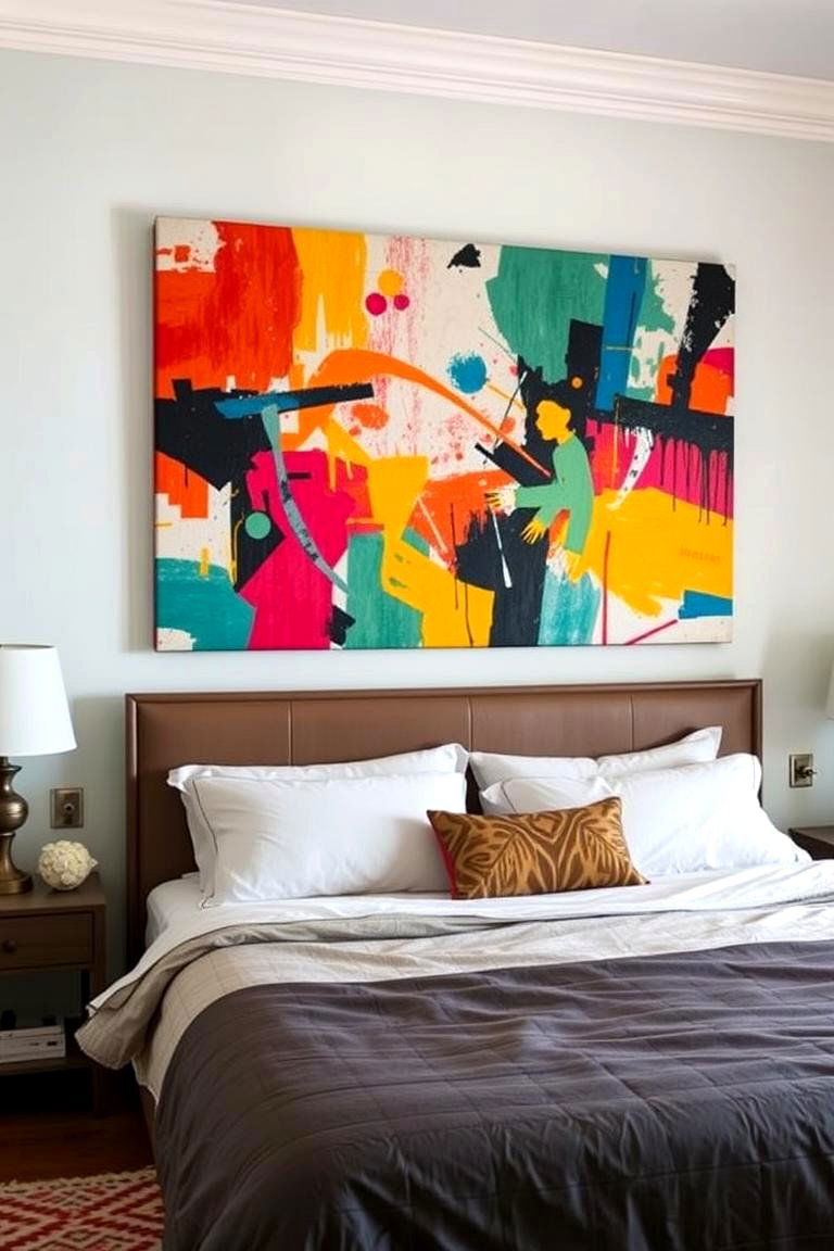 Bold Wall Art as a Backdrop - 24 No Headboard Ideas
