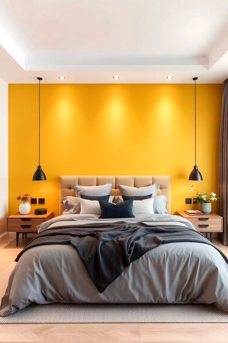 Bold Yellow Statement Wall in a Grey Room - 24 Yellow and Grey Bedroom Ideas
