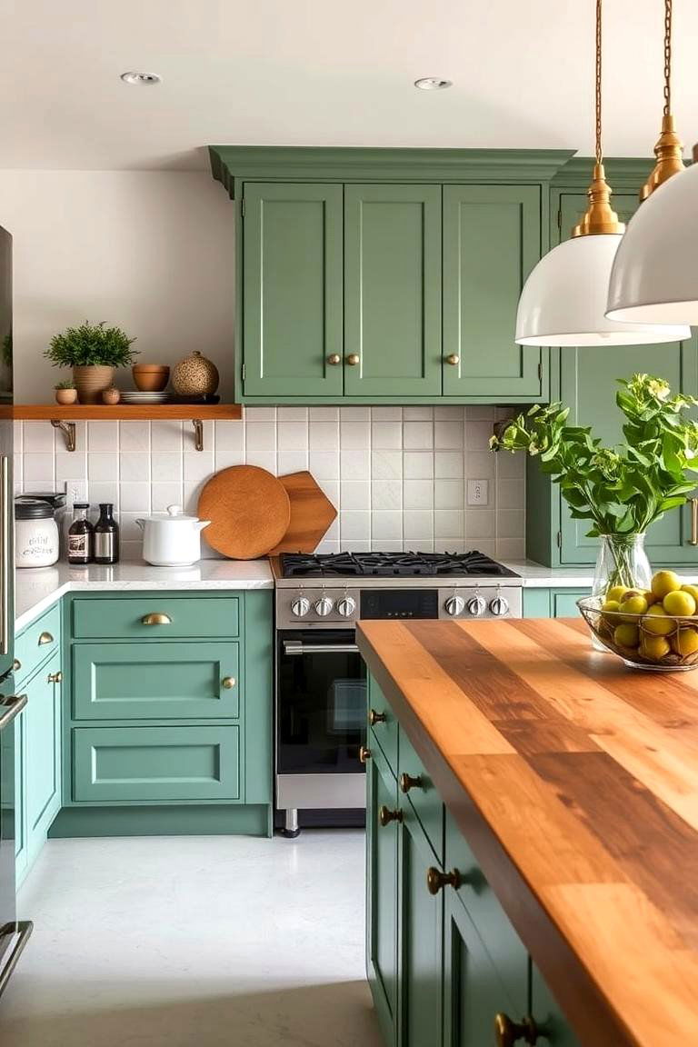 Bold Yet Soothing Palette - 24 Sage Green Kitchen Cabinets With Butcher Block Countertops