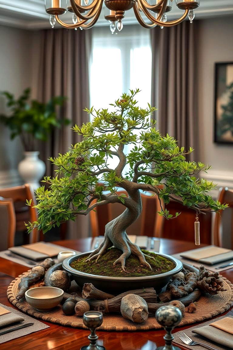 Bonsai Centerpiece Display - 24 Japanese Dining Room Ideas