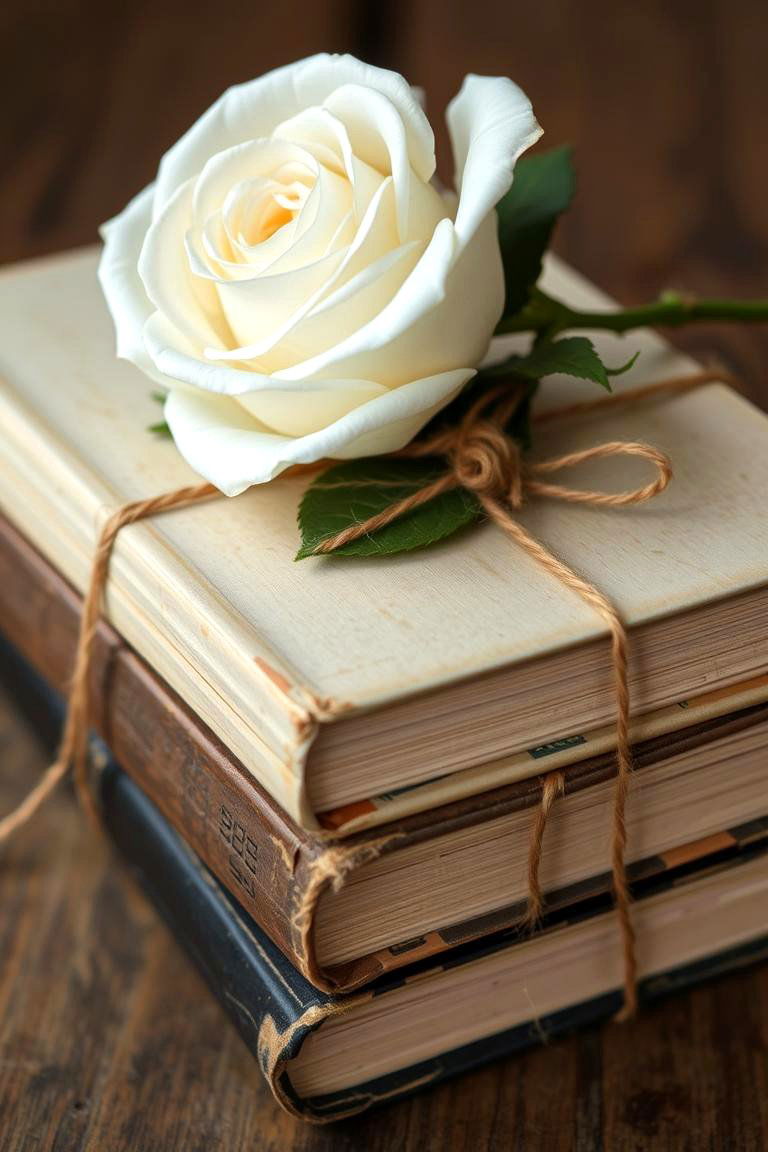 Book Stacks with Floral Toppers - 24 Rustic Wedding Centerpieces