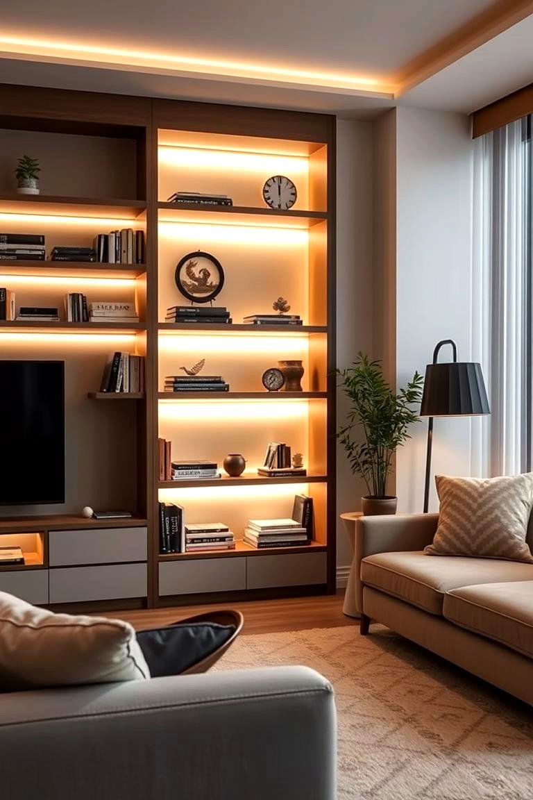Bookshelf with Integrated Lighting - 24 Living Room Bookshelf Ideas