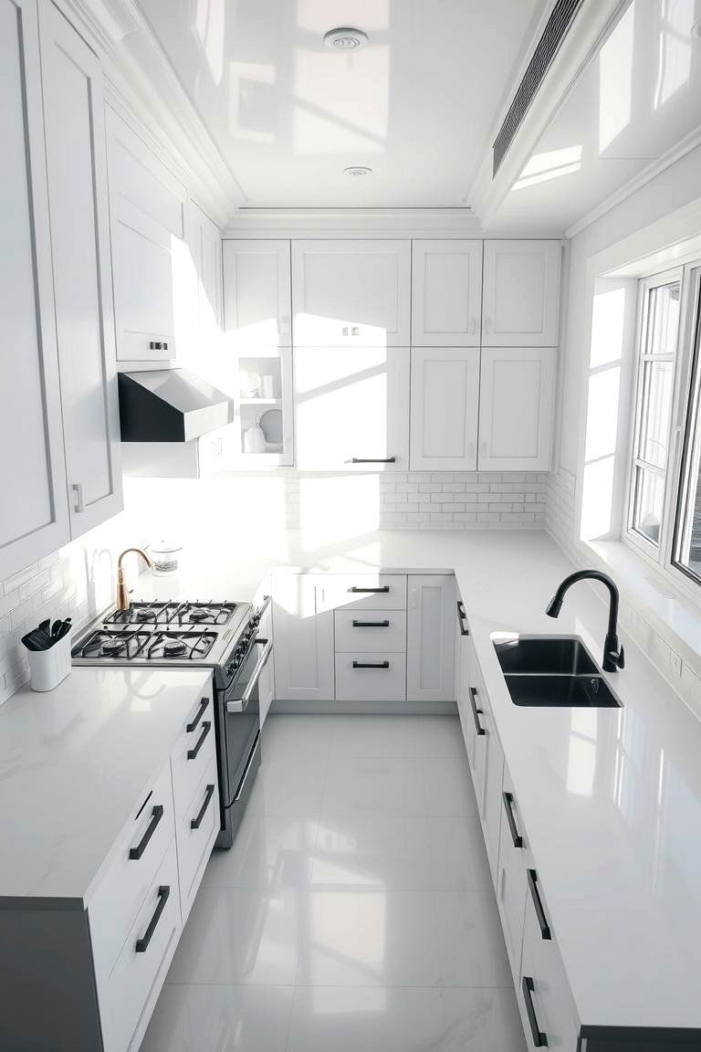 Boosting Natural Light - 24 White Kitchen Cabinets With Black Hardware