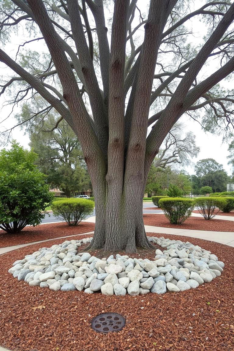 Bordering Trees with Rocks and Mulch - 24 Front Yard Landscaping Ideas With Rocks and Mulch
