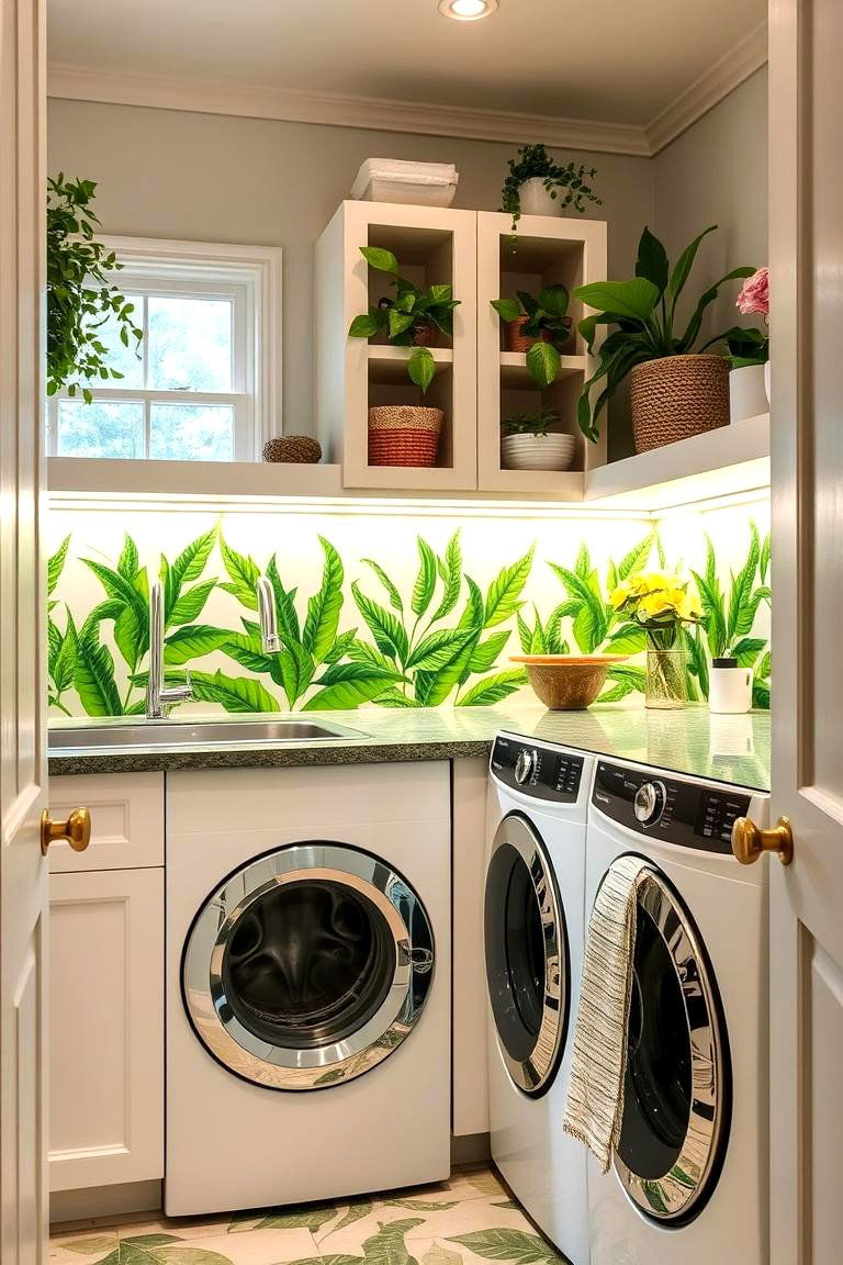 Botanical Green Accents - 24 Laundry Room Backsplash Ideas