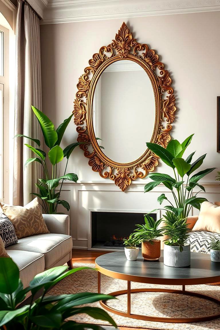 Botanical Inspirations with Gold Decorative Mirrors - 24 Green and Gold Living Room Ideas