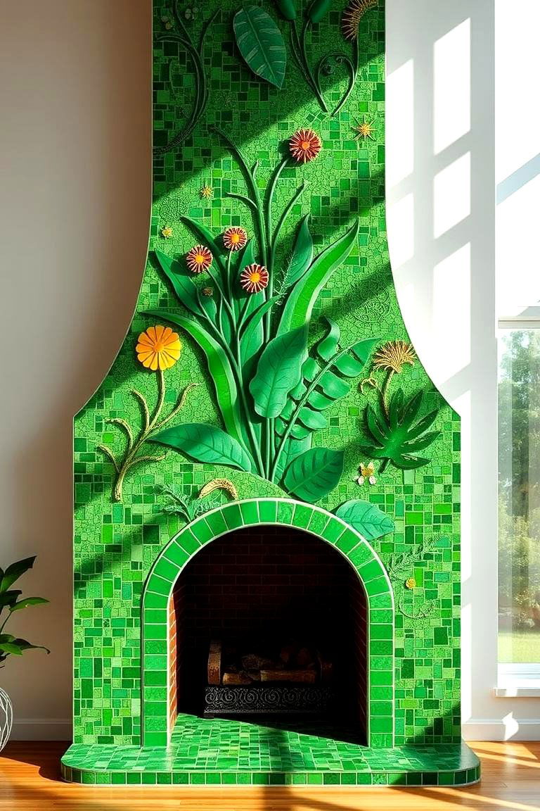 Botanical Inspired Green Mosaic Fireplace - 24 Green Fireplace Ideas