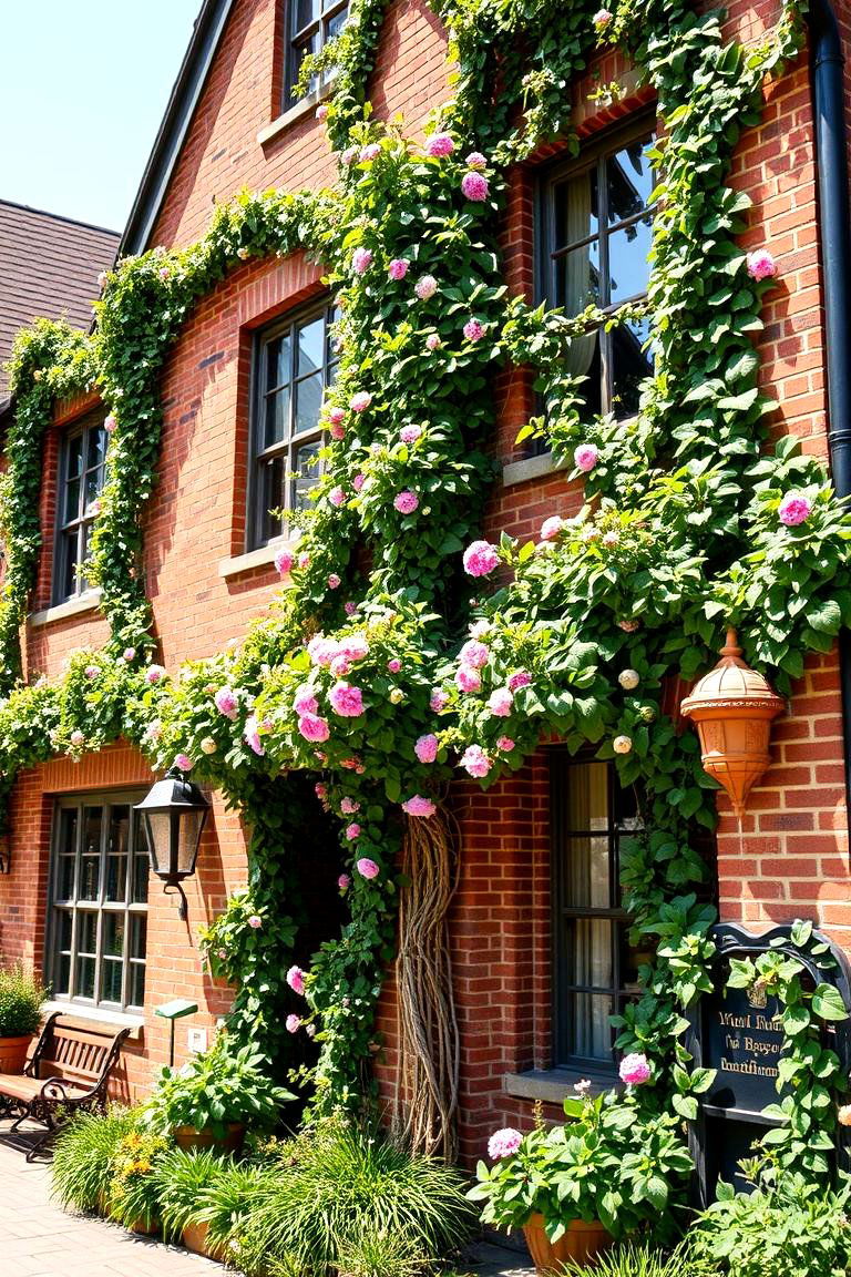 Brick Facade with Greenery - 24 Brown Brick Exterior Home Ideas