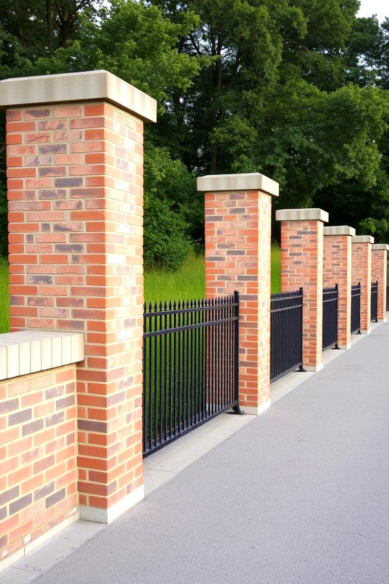 Brick Fence with Stone Pillars - 24 Brick Fence Ideas