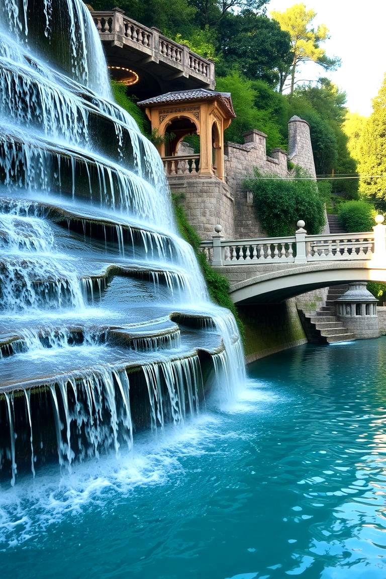 Bridge Adjacent Multi level Waterfall - 24 Small Pool Waterfall Ideas