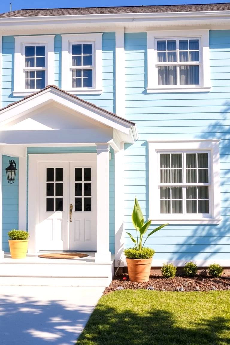 Bright Light Blue with White Trim - 24 blue exterior house paint ideas