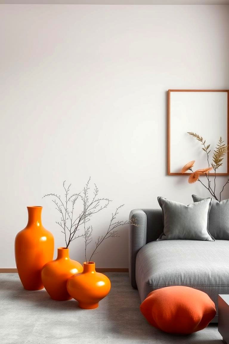 Bright Orange Vases with Muted Grey Accents - 24 Orange and Grey Living Room Ideas