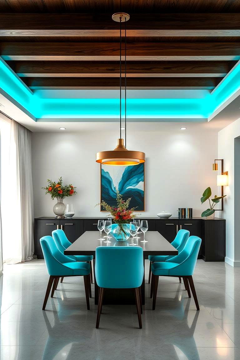 Bright Teal Statement Lighting - 24 Teal Dining Room Ideas