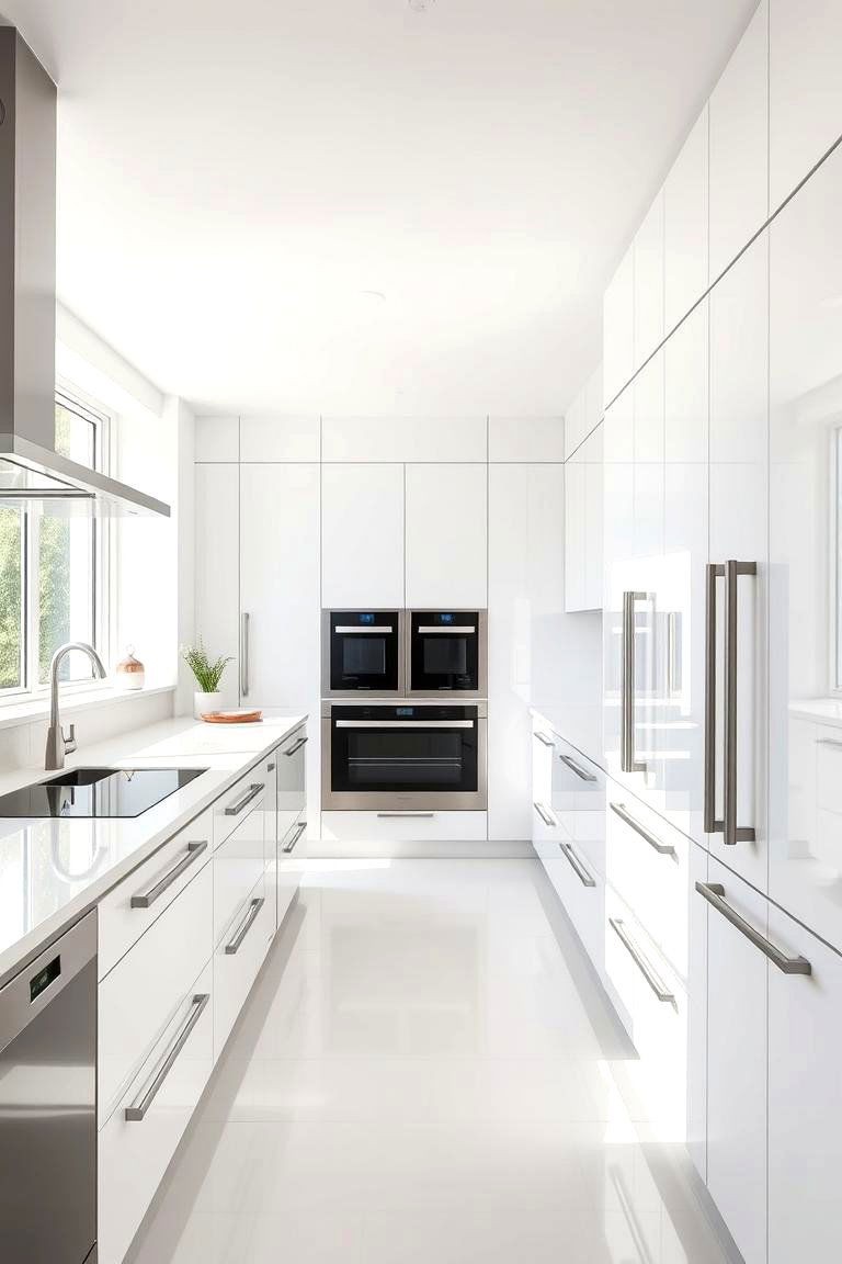 Bright White Gloss Cabinets with Sleek Stainless Steel Bar Pulls - 24 White Kitchen with Stainless Steel Appliances Ideas