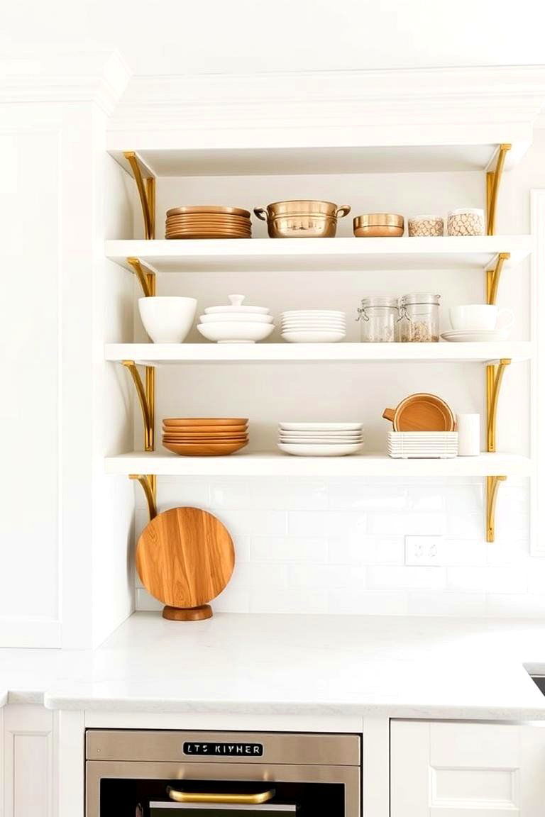 Bright White Open Shelving with Gold Brackets - 24 White and Gold Kitchen Ideas