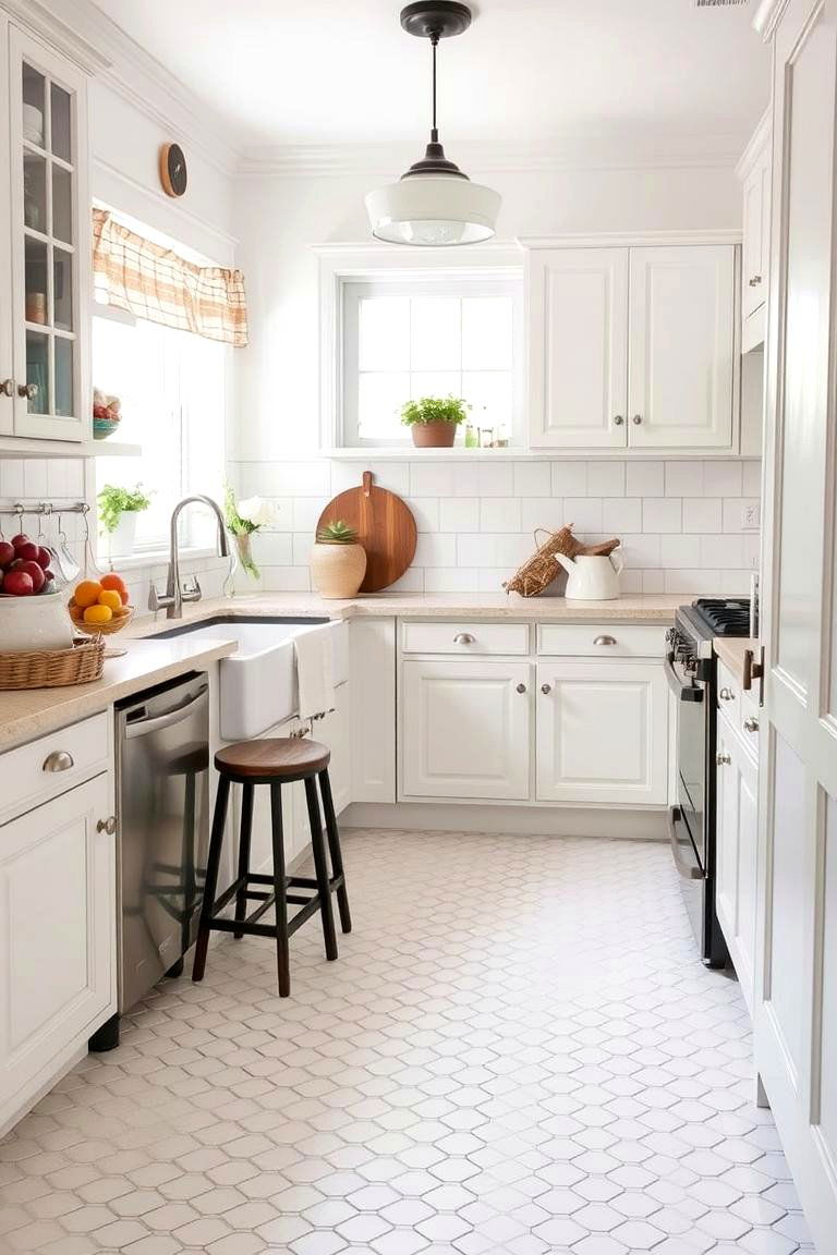 Bright White Penny Tiles - 24 White Kitchen Floor Ideas