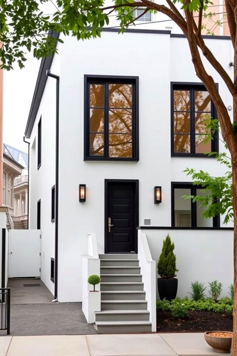 Bright White and Black Trim - 24 Exterior Garage Lighting Ideas