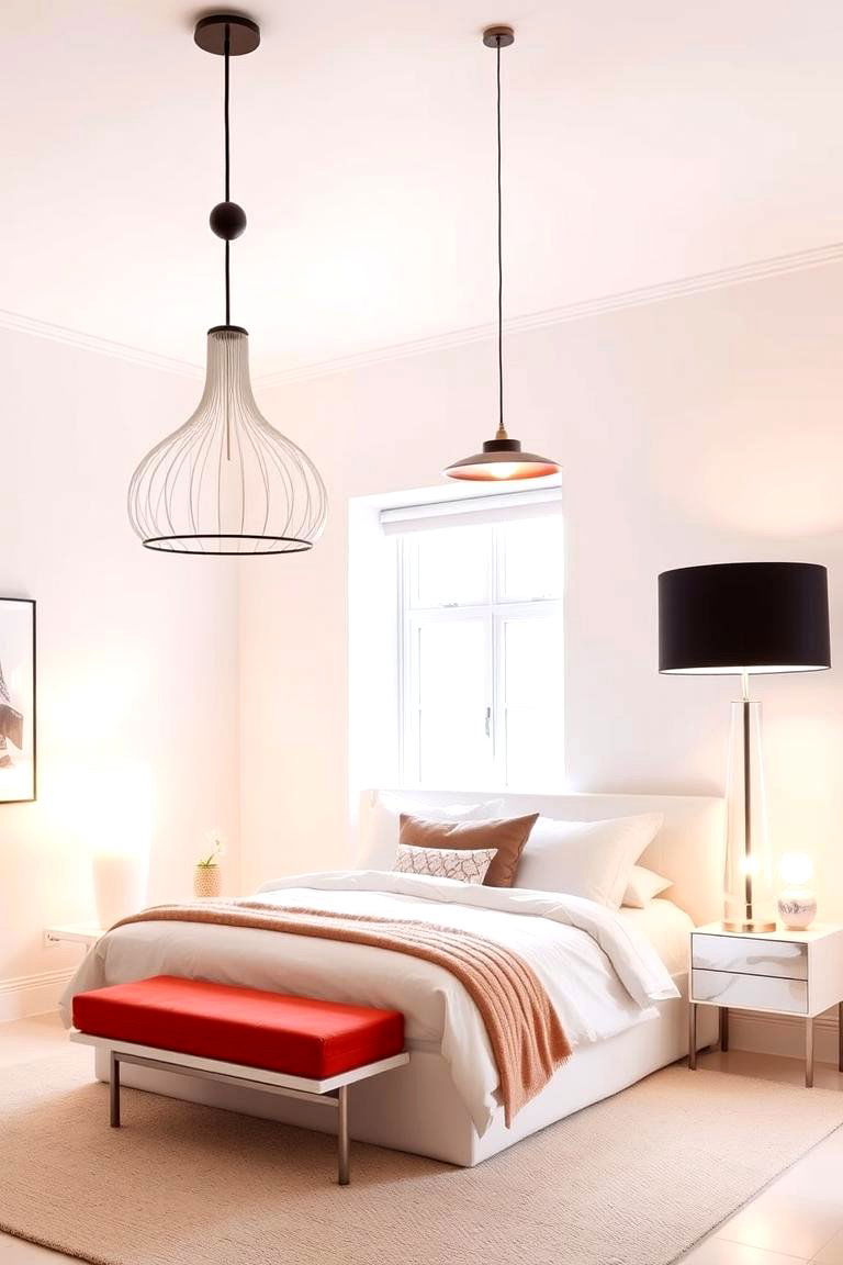 Bright White with Statement Lighting - 24 White Bedroom Ideas
