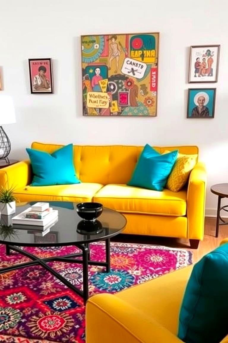 Bright Yellow Couch with Teal Accents - 24 Yellow Couch Living Room Ideas