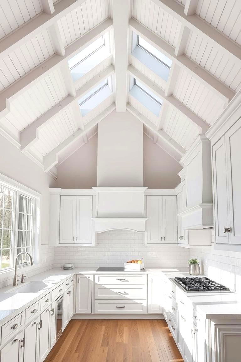 Brighten the Space with an All White Palette - 24 Vaulted Ceiling Kitchen Ideas