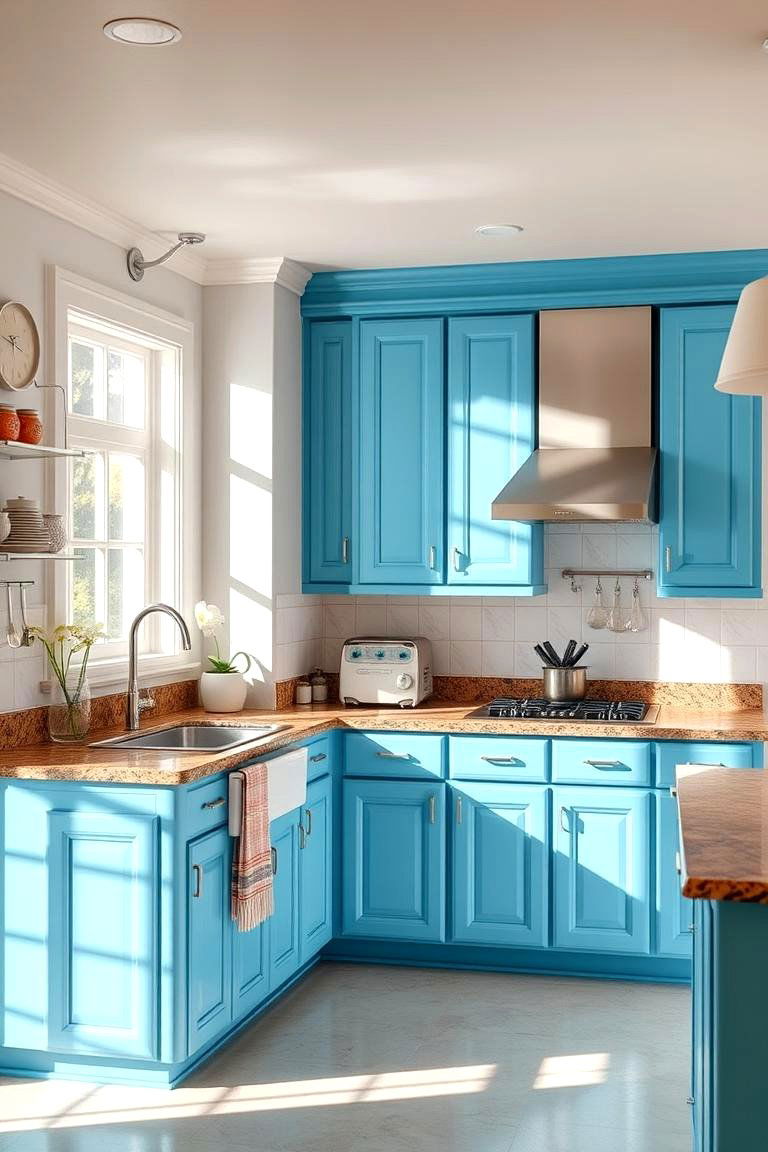 Brightening Your Kitchen Ambiance - 24 blue kitchen cabinets with brown granite countertops