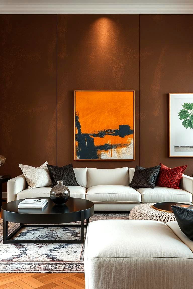 Brown Living Room with Statement Wall - 24 Brown Living Room Ideas
