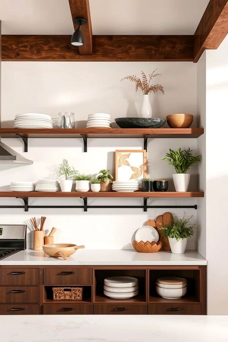 Brown Open Shelving with Natural Decor - 24 Brown Kitchen Ideas