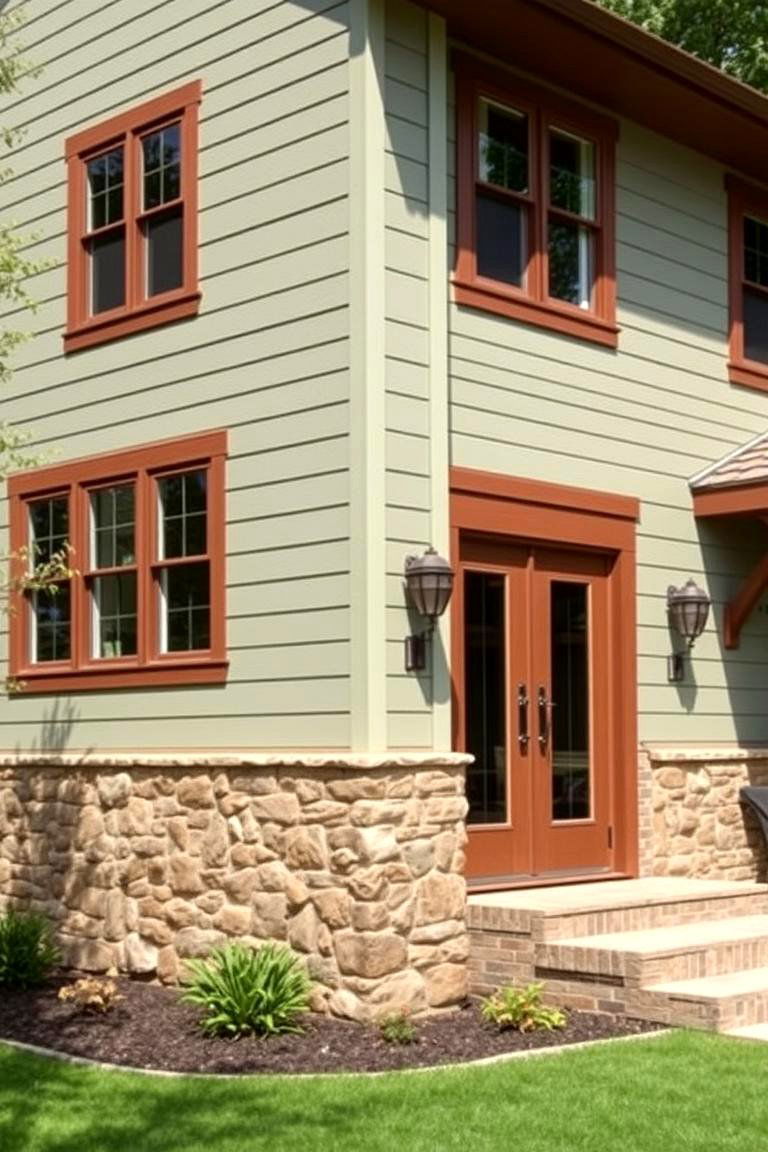 Brown Stone Accents with Sage Green Siding - 24 Sage Green House With Brown Trim Ideas