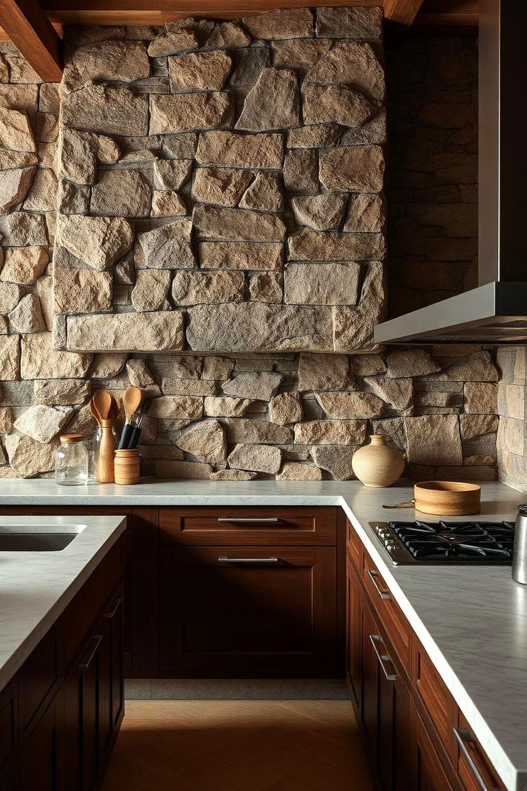 Brown Stone Feature Wall - 24 Brown Kitchen Ideas