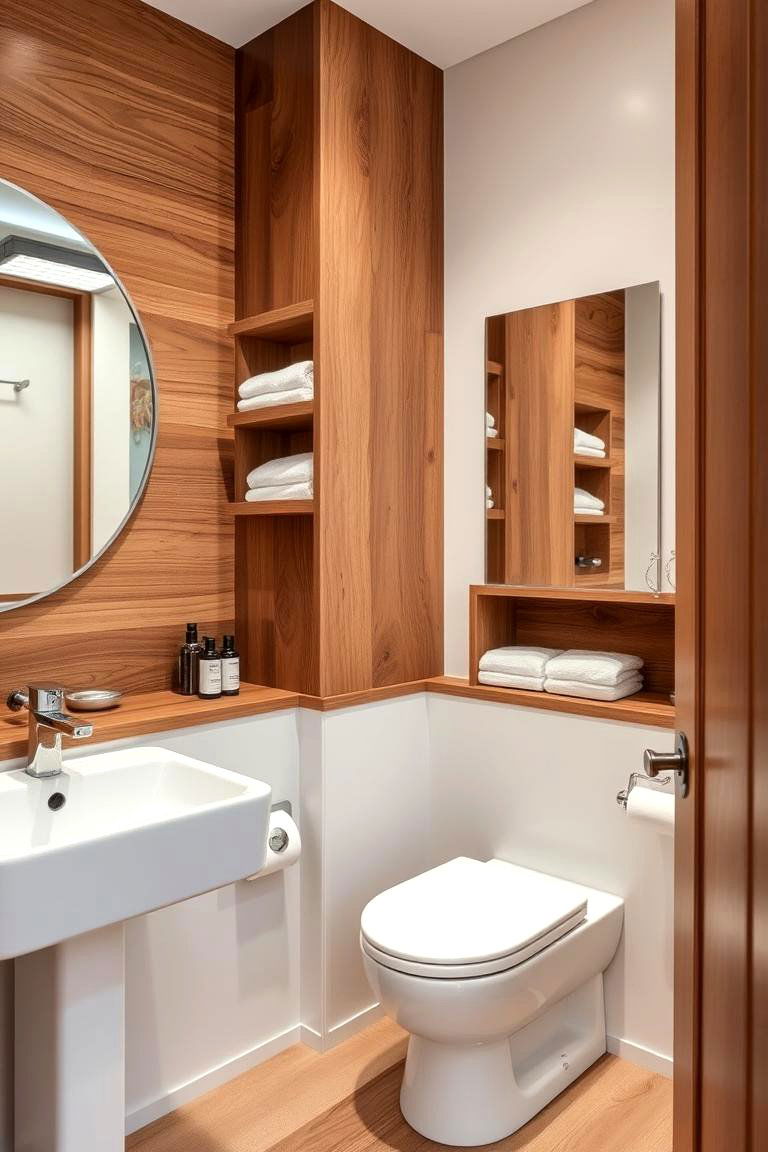 Brown Wooden Shelving with White Fixtures - 24 Brown and White Bathroom Ideas