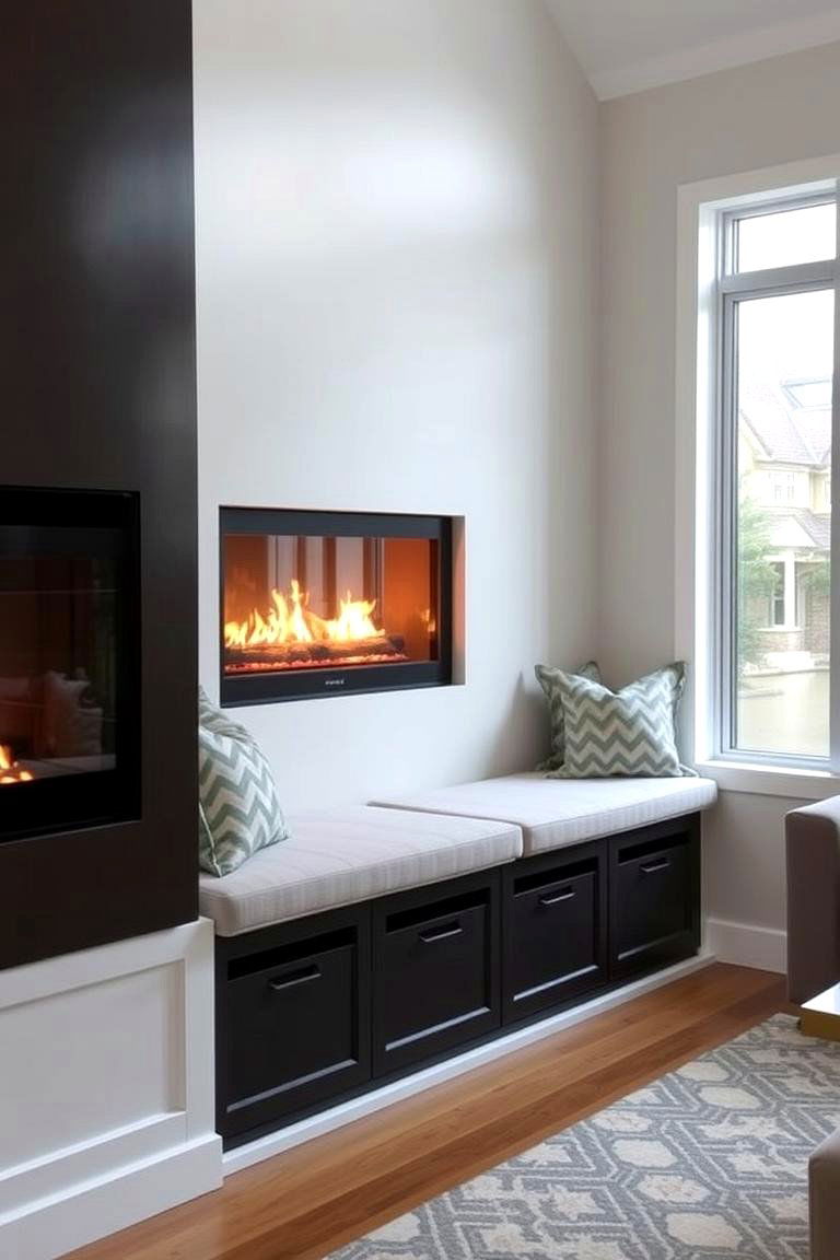 Built In Bench with Storage - 24 Fireplace Seating Ideas