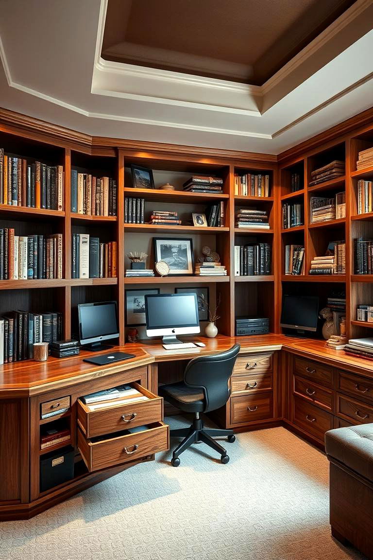 Built In Desk and Shelving for Organization - 24 Man Cave Office Ideas