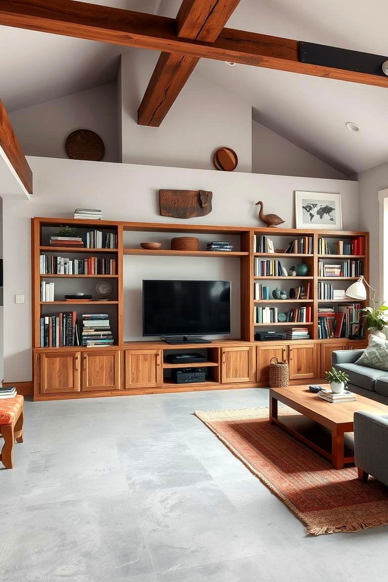 Built In Storage Solutions - 24 Rustic Concrete Floor Living Room Ideas