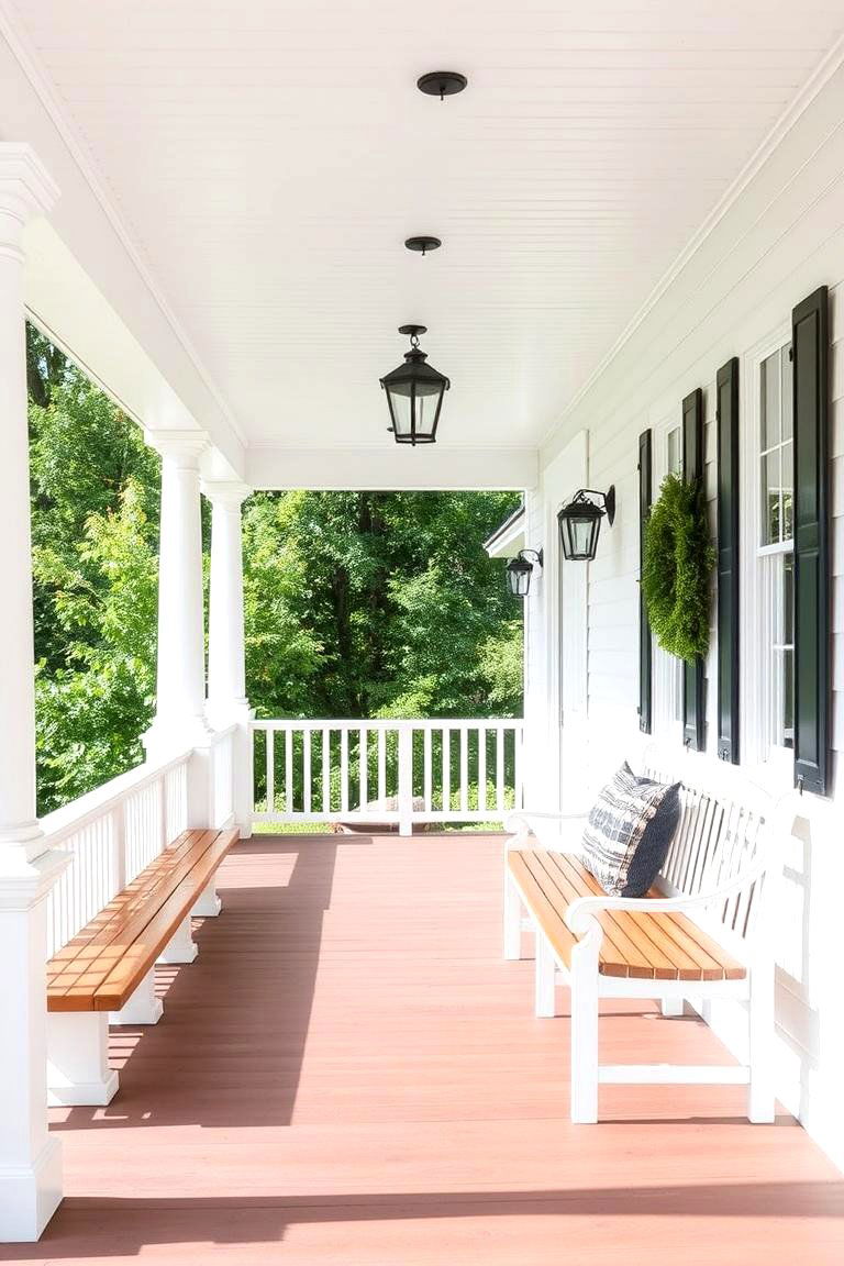 Built in Bench Seating - 24 White Farmhouse With Wrap-around Porch Ideas