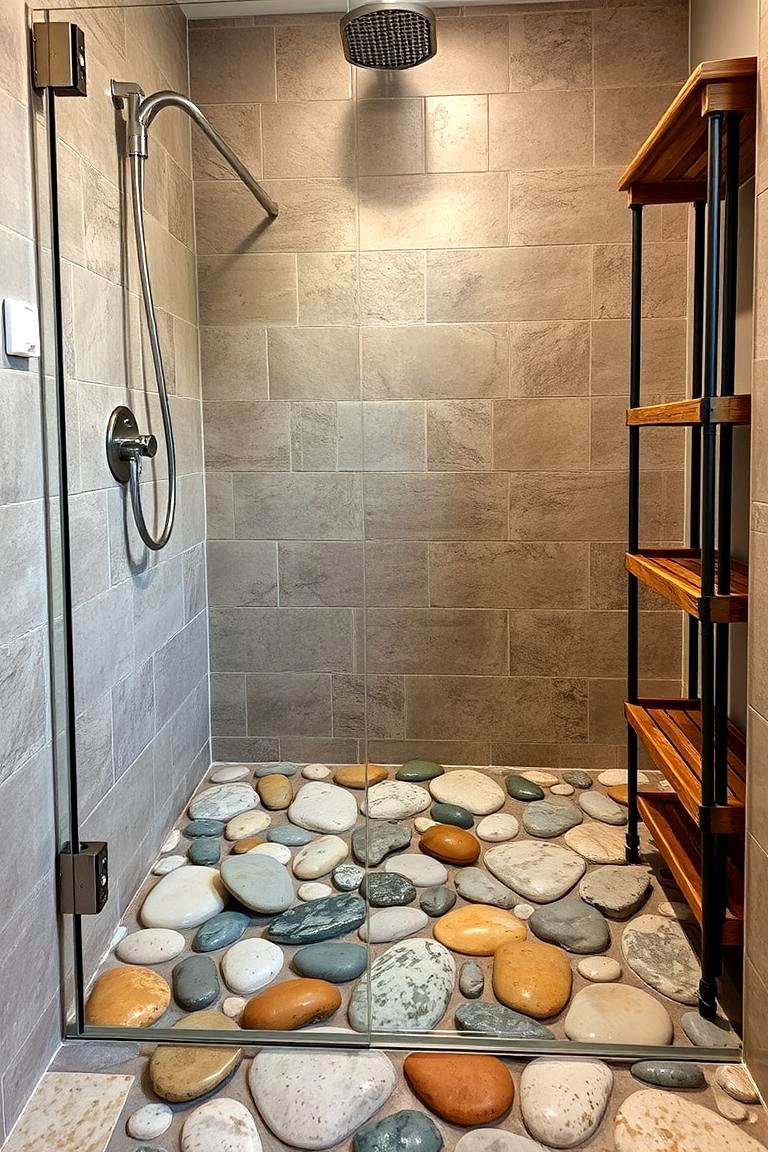 Built in Niches with Wooden Shelves - 24 Rustic Walk-in Shower Ideas