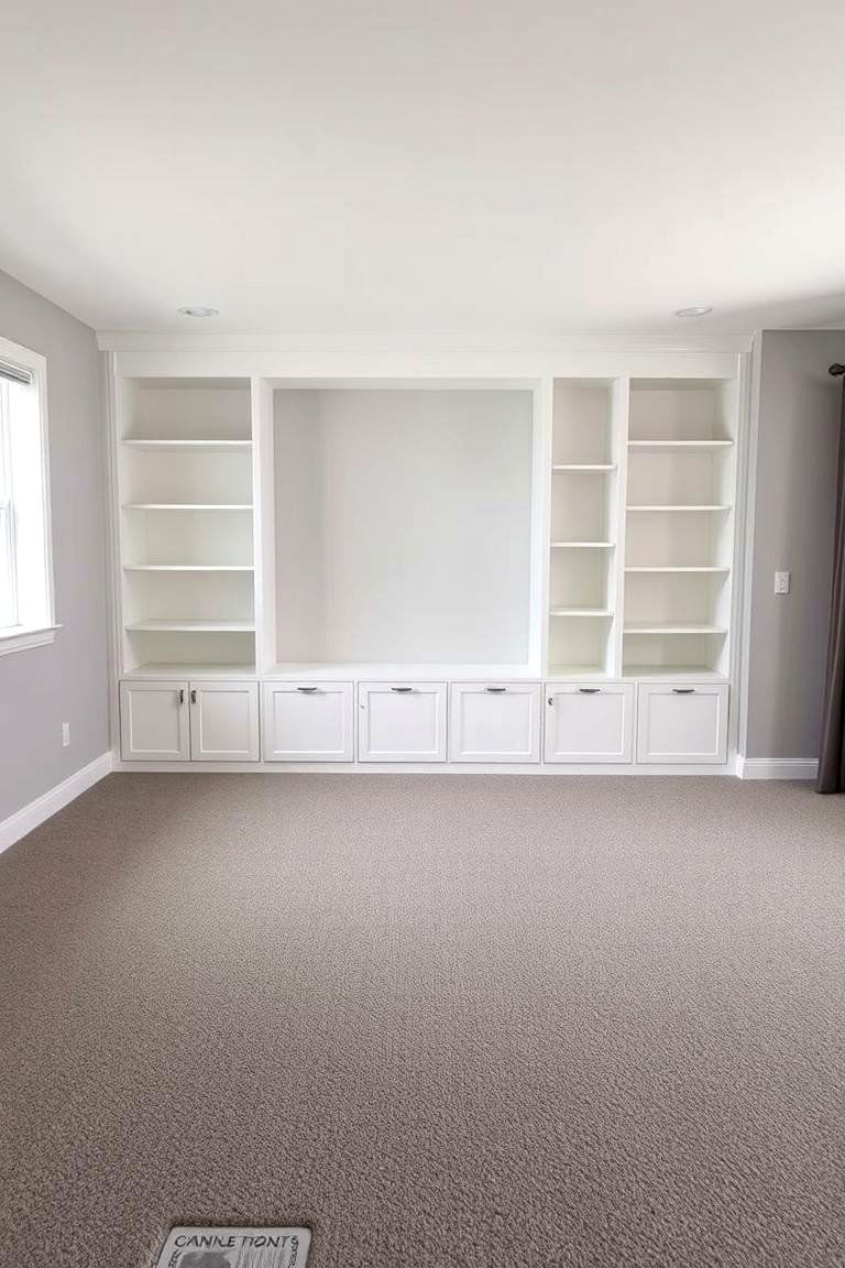 Built in Storage Solutions with Grey Carpet - 24 grey carpet living room ideas