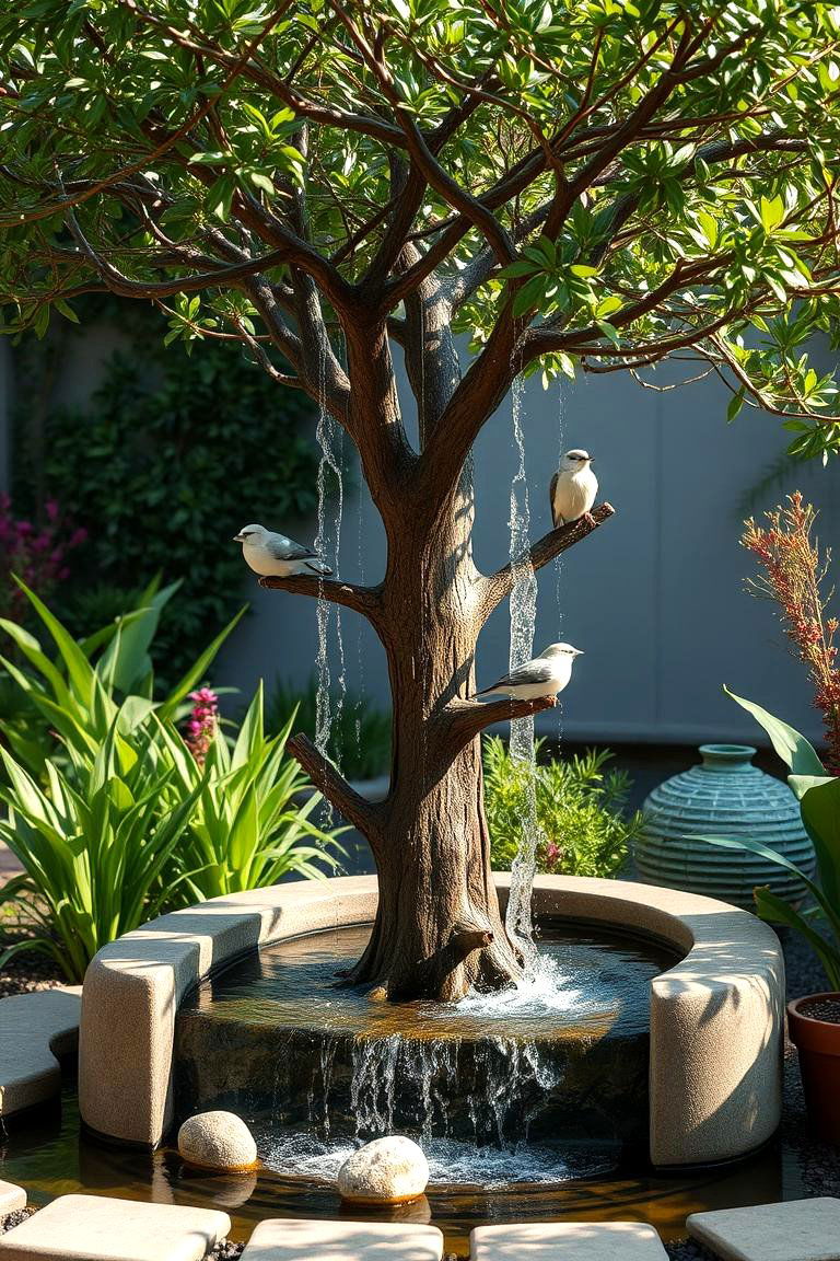 Built in Water Feature Refreshment Tree - 24 Outdoor Cat Tree Ideas