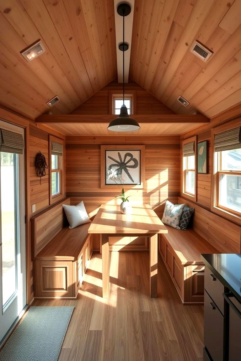 Built in Wooden Bench Seating - 24 Rustic Tiny House Ideas