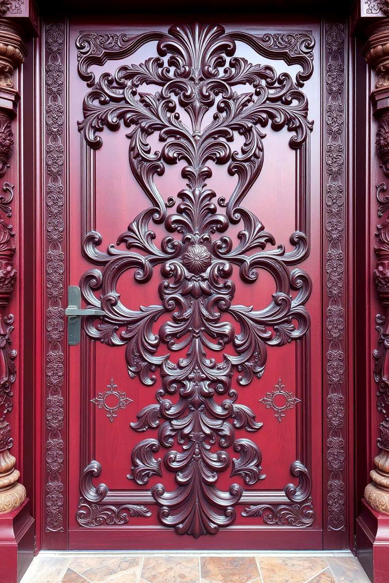 Burgundy Door with Decorative Carvings - 24 Burgundy Front Door Ideas