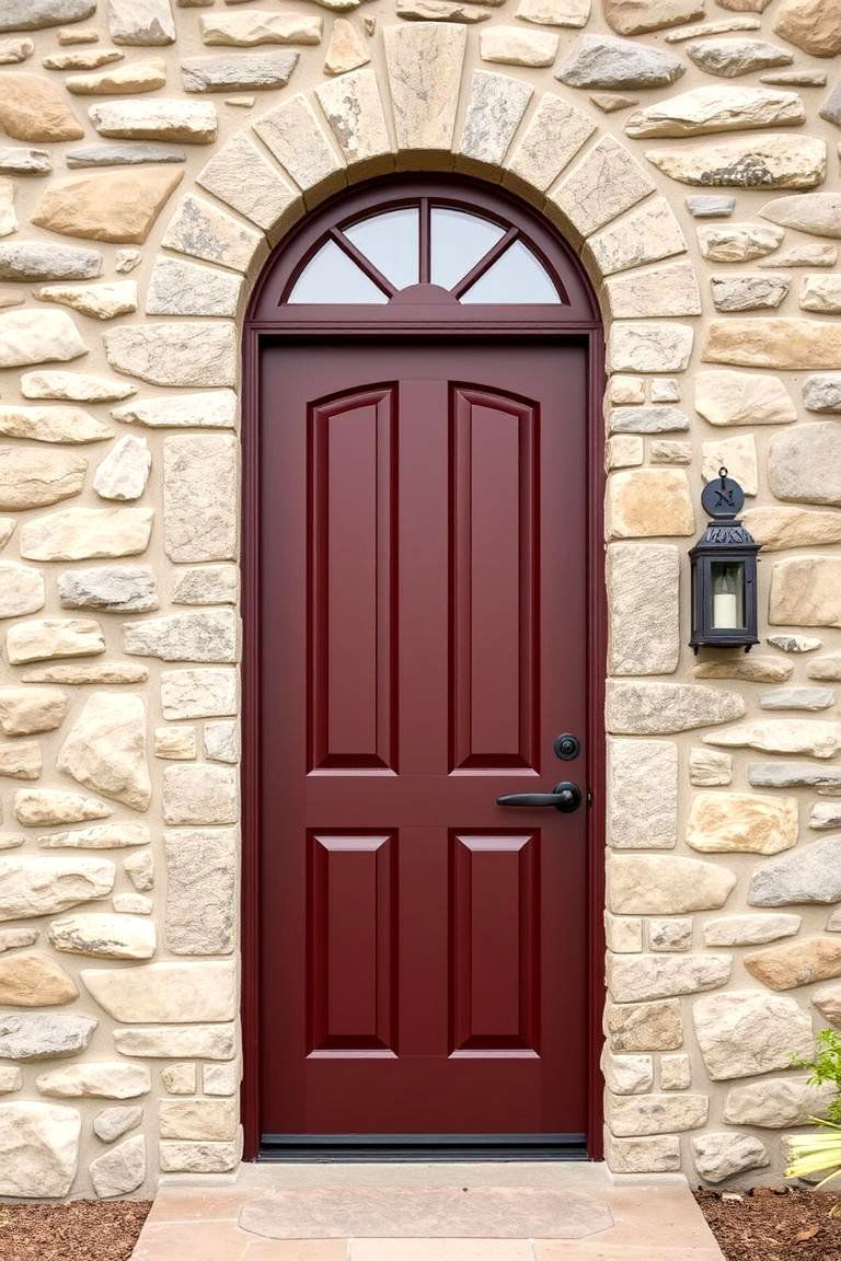 Burgundy with Natural Stone Surround - 24 Burgundy Front Door Ideas